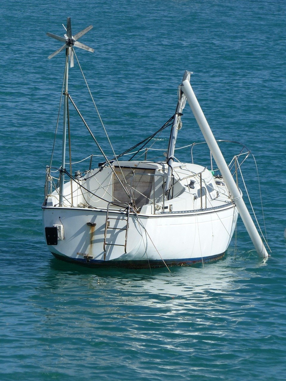 broken mast, sailboat, hurricane, damage, storm, blue storm