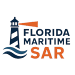 Lighthouse with waves crashing at the base. The light is shining over the words Florida Maritime SAR.
